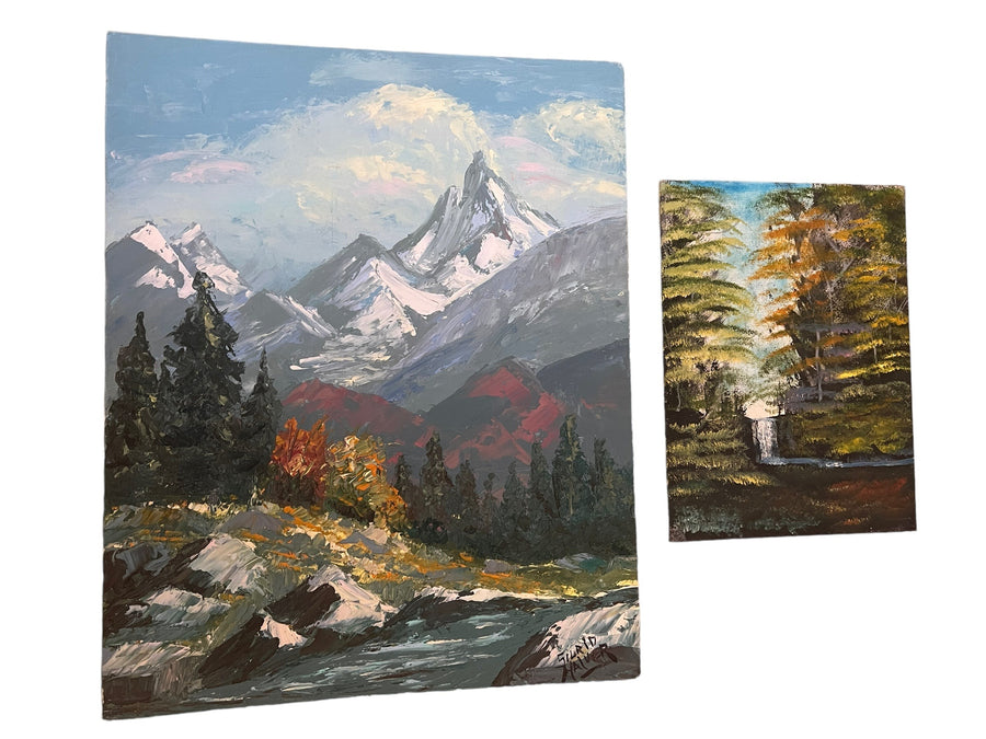 Mountain Forest Landscape Paintings 1970s Canvas Board Vintage