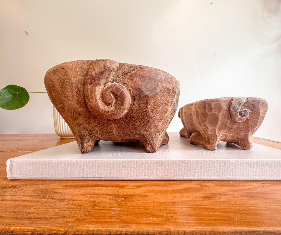 Carved Wood Pig Bowls Large and Small