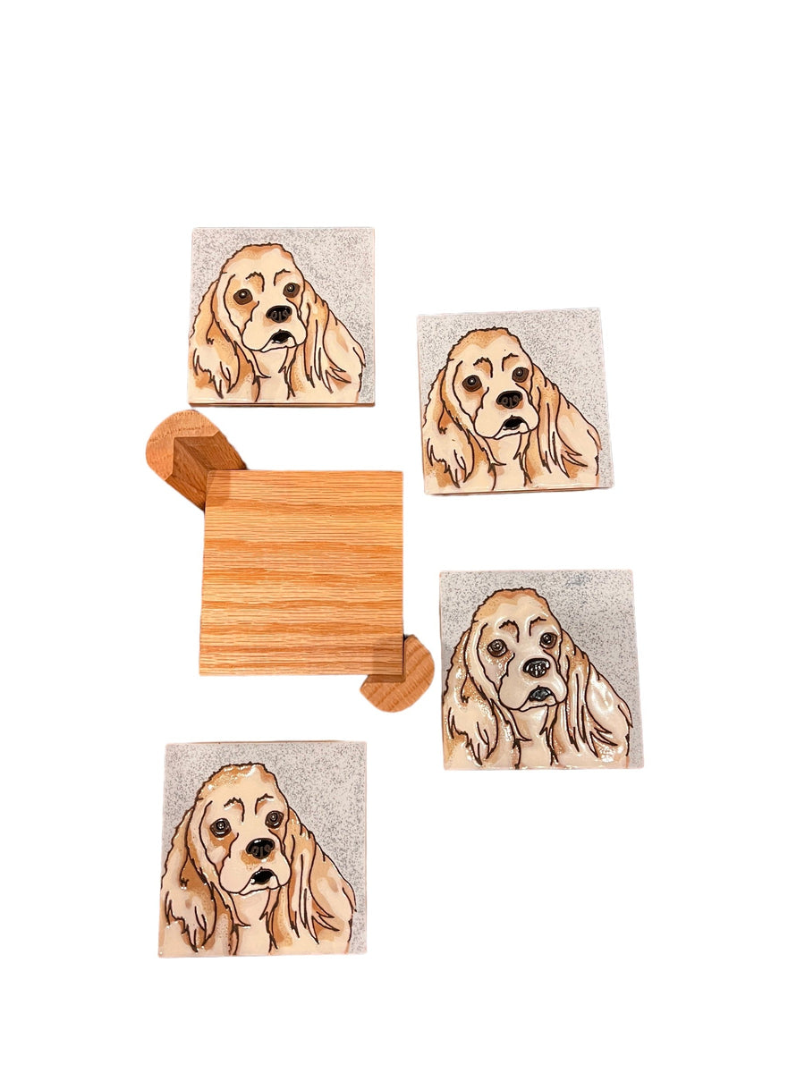 Pumpkin Inc Spaniel Dog Tile Coaster Set of 4 with Holder
