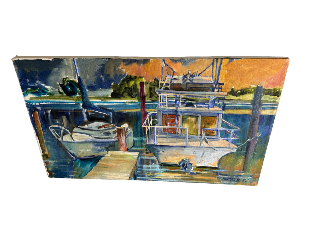 Blues boat dock Rectangular Canvas Painting Signed Martens K Sander