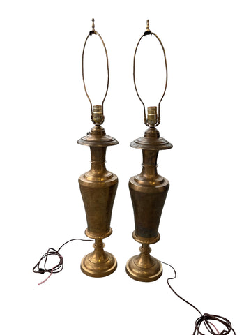 Antique Etched Brass Table Lamps Set of 2