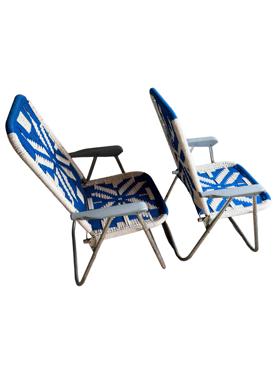 Retro Macrame Blue and White Folding Lawn Camp Chairs