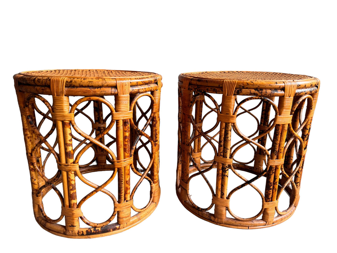 Vintage Tortoise Shell Bamboo and Cane Side Tables