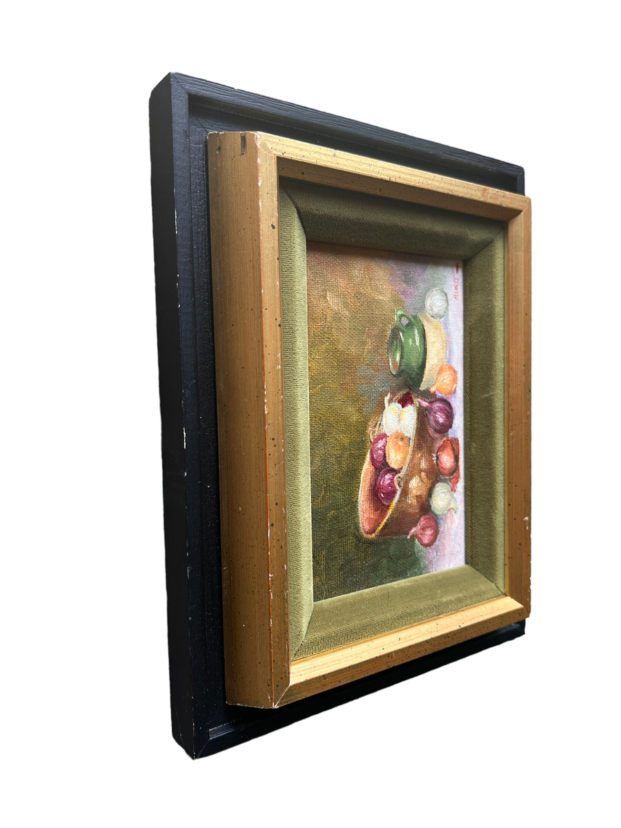 Framed Still Life Oil Painting Art Onions and Olive Oil