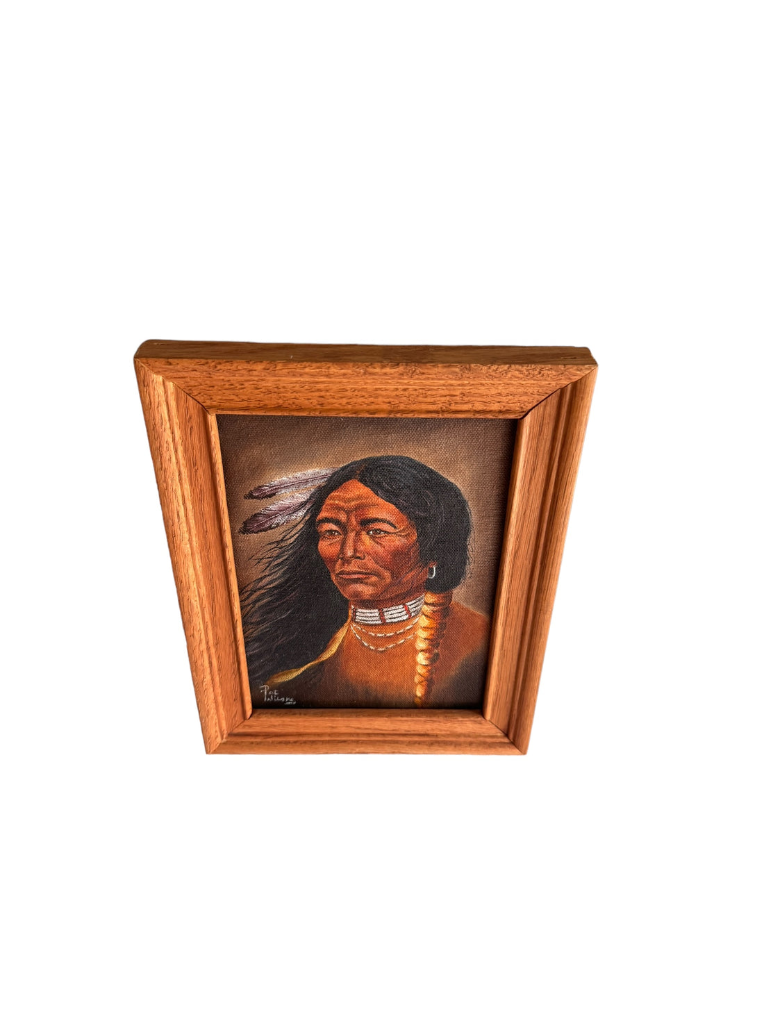 Pat Wilsky Signed Small Wooden Framed Native American Portrait on Canvas