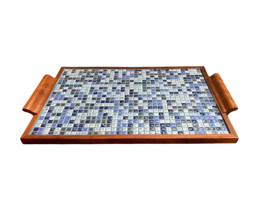 Midcentury Blue Square Mini Tile Wood Tray