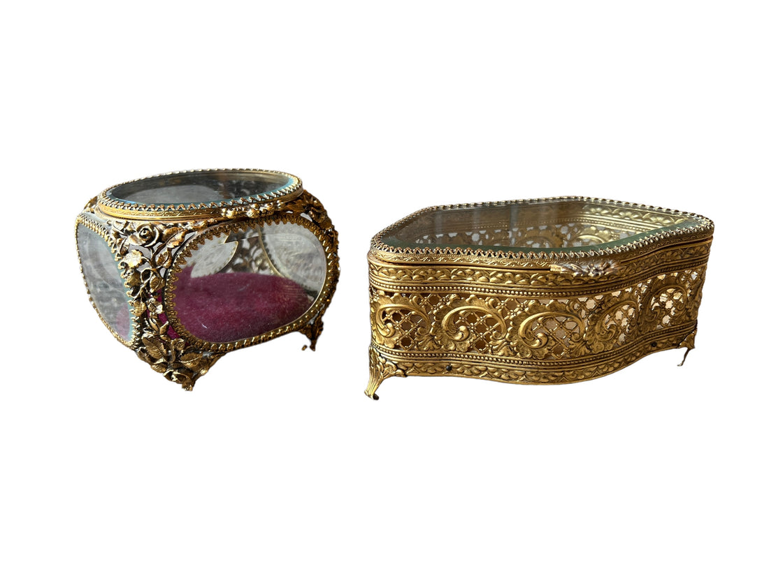 French Beveled Glass Jewelry Box with Velvet Lining 