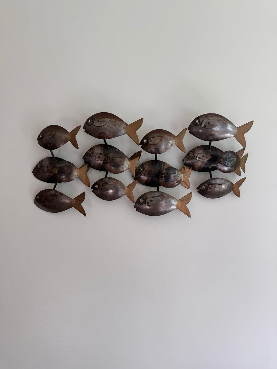Midcentury School of Fish Metal Wall Art Brutalist Sculpture
