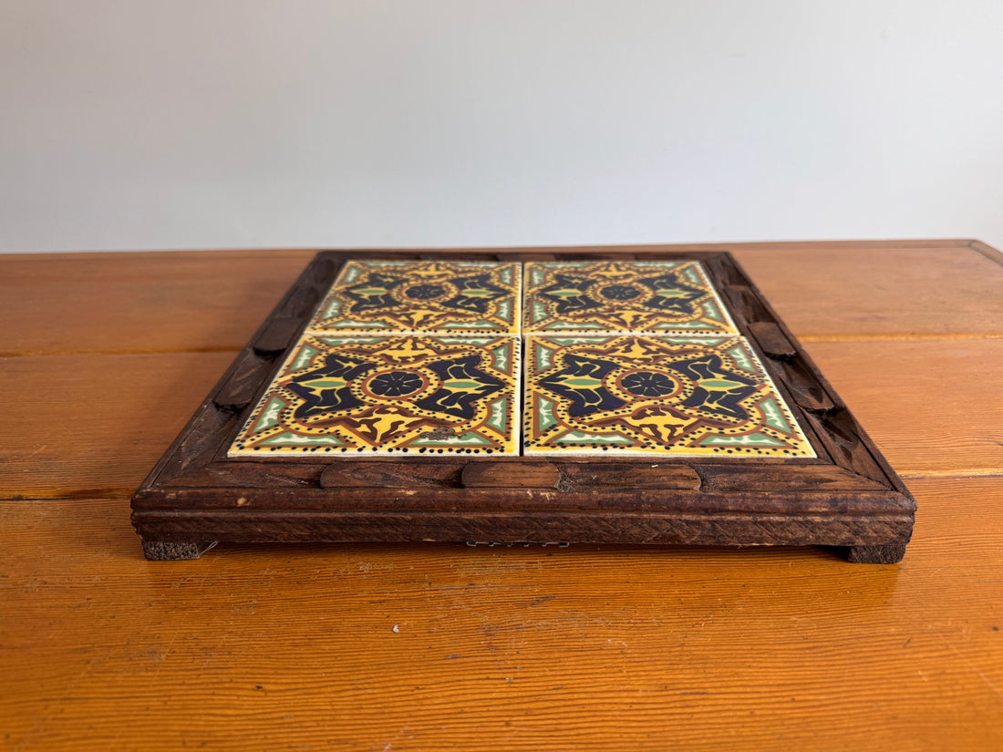 Carved wood and painted tile tray
