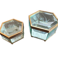 Hexagon Blue Tinted Etched Crystal Glass Jewelry Box