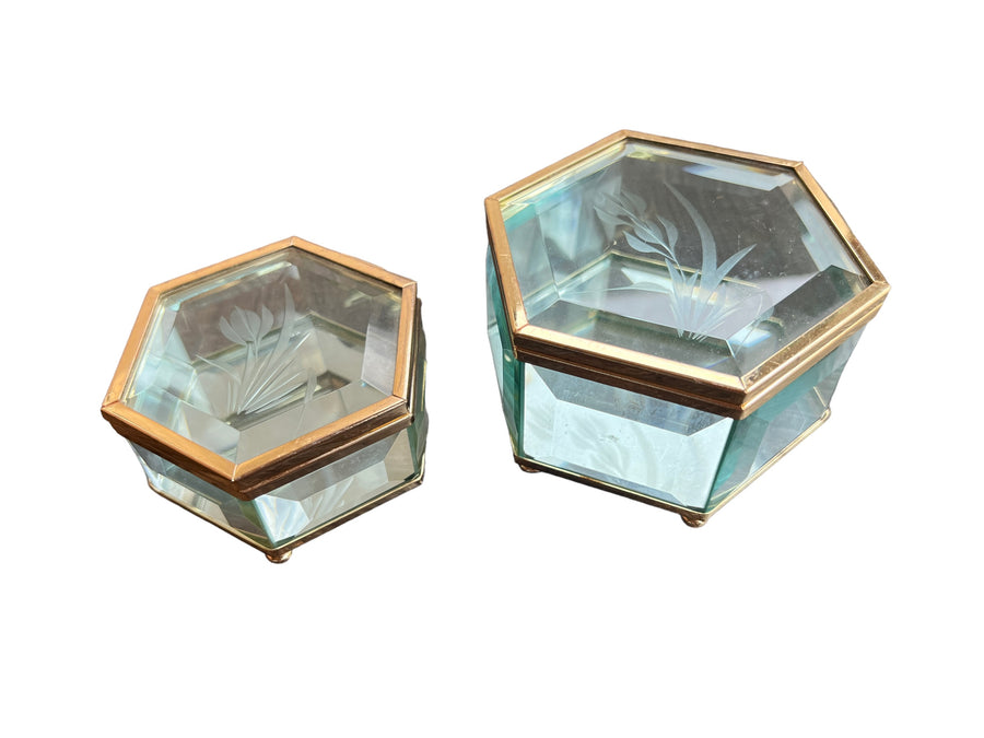 Hexagon Blue Tinted Etched Crystal Glass Jewelry Box