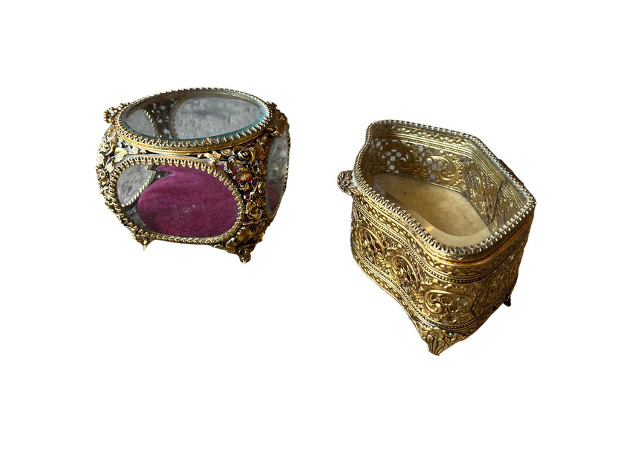 French Beveled Glass Jewelry Box with Velvet Lining 