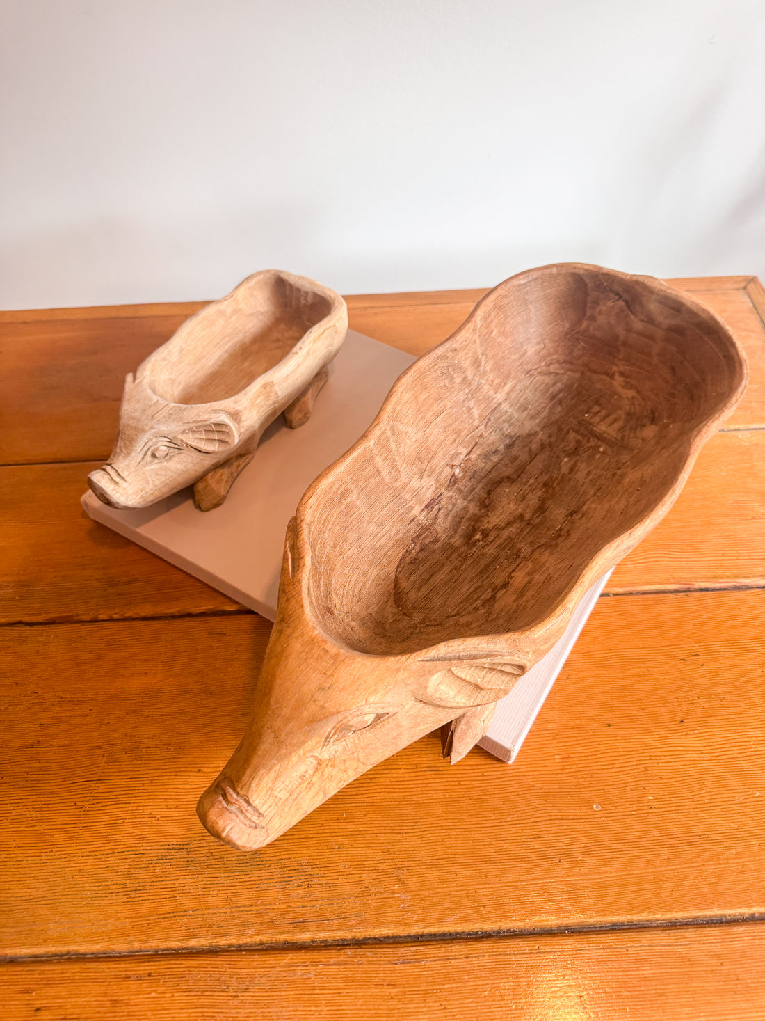 Carved Wood Pig Bowls Large and Small