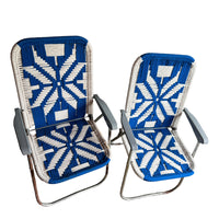 Retro Macrame Blue and White Folding Lawn Camp Chairs