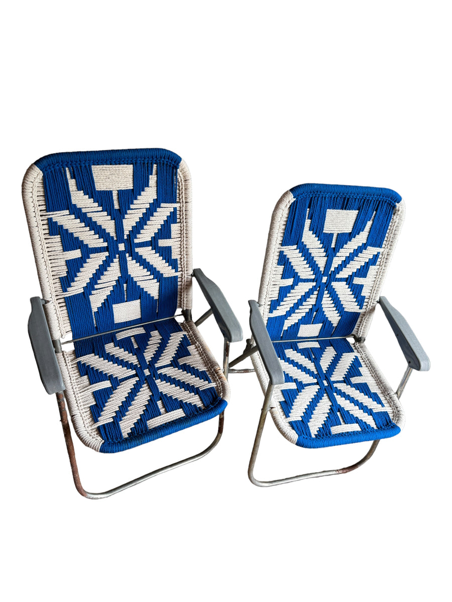 Retro Macrame Blue and White Folding Lawn Camp Chairs