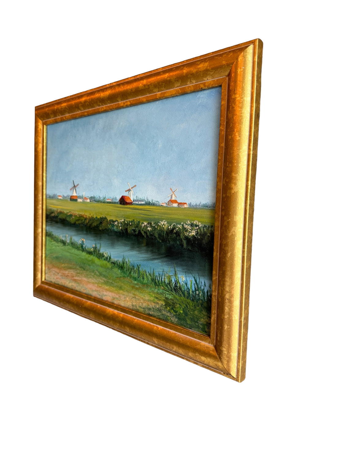 Vintage Canvas Painting with Gold frame of Windmills in Field Unsigned Northern Europe