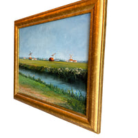 Vintage Canvas Painting with Gold frame of Windmills in Field Unsigned Northern Europe