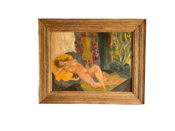 Nude framed painting in soft warm vibrant colors and gold wood frame