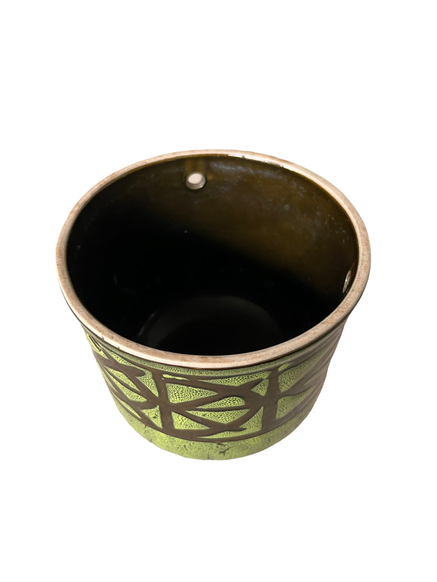 Midcentury Japanese Ceramic Hanging Plant Pot Green and Black