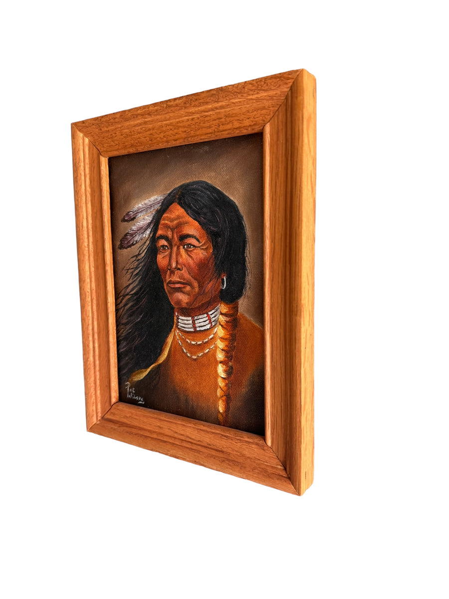 Pat Wilsky Signed Small Wooden Framed Native American Portrait on Canvas