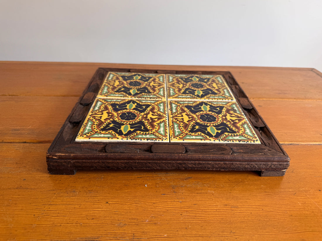 Carved wood and painted tile tray