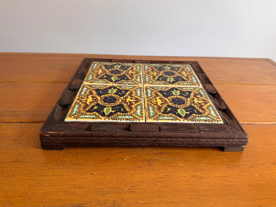Carved wood and painted tile tray