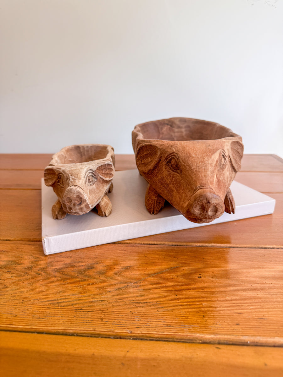Carved Wood Pig Bowls Large and Small