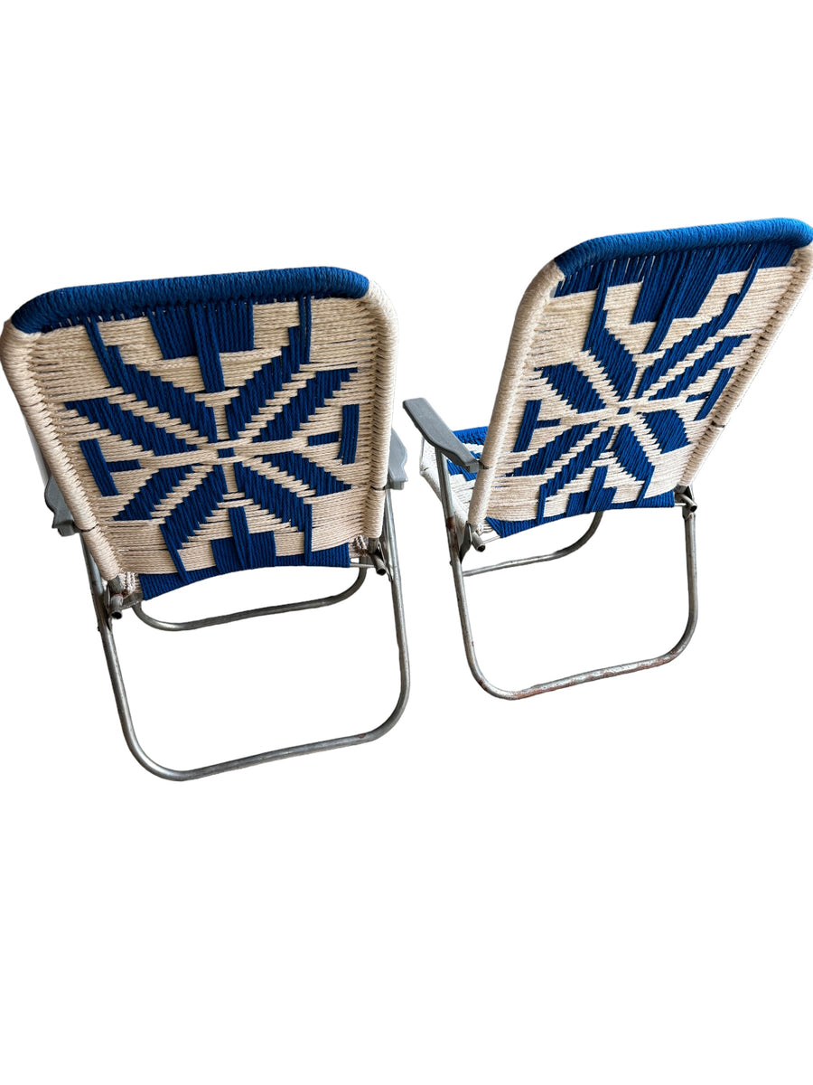 Retro Macrame Blue and White Folding Lawn Camp Chairs