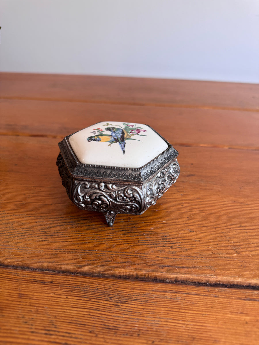 Trinket Box Mele Parrot Tile and Metal Vintage Jewelry Box
