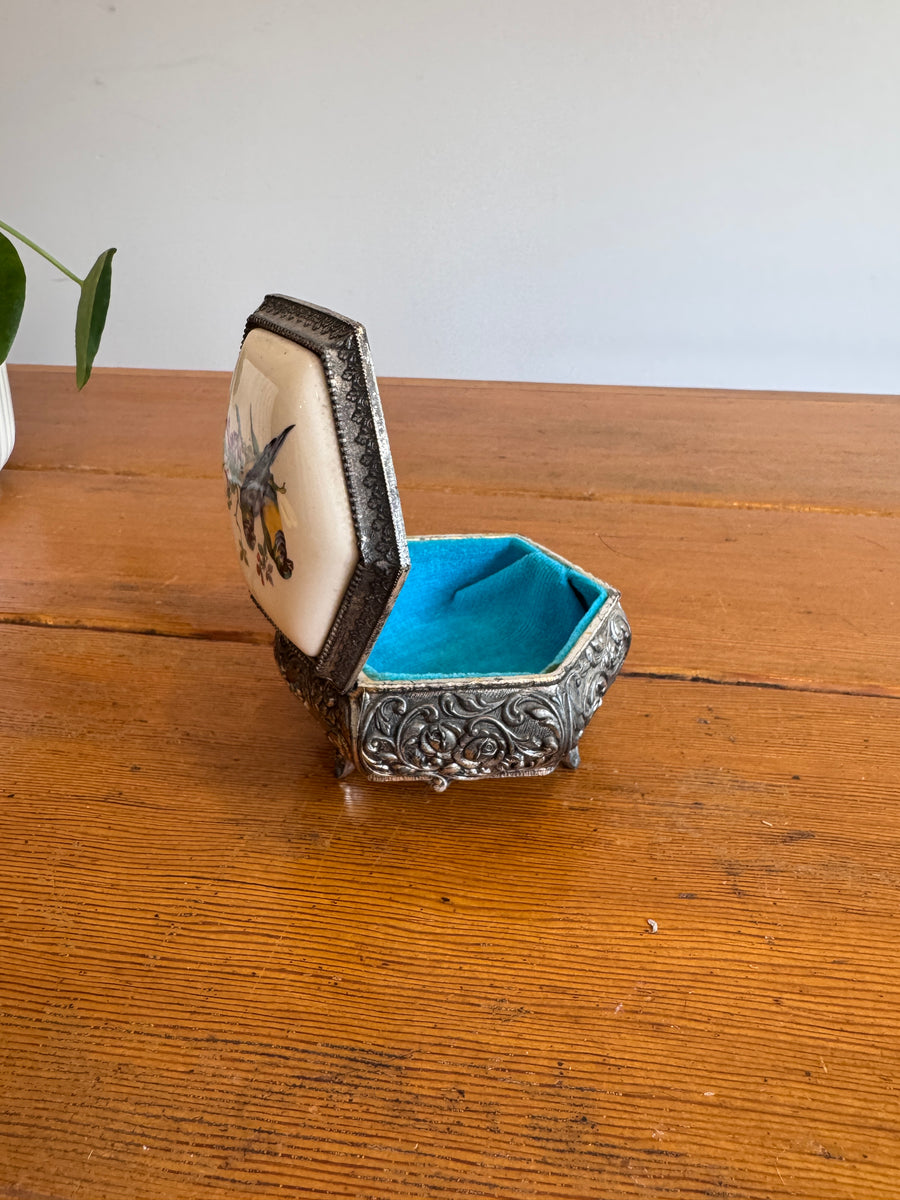 Trinket Box Mele Parrot Tile and Metal Vintage Jewelry Box