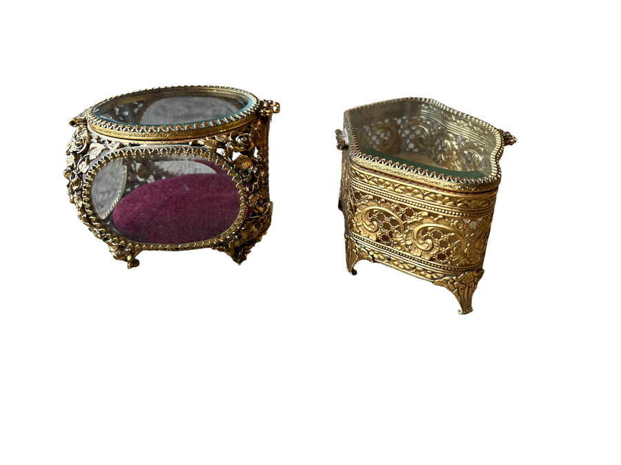 French Beveled Glass Jewelry Box with Velvet Lining 