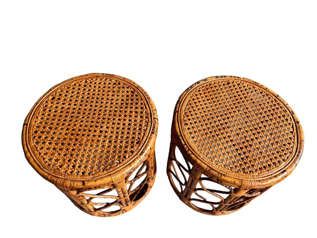 Vintage Tortoise Shell Bamboo and Cane Side Tables