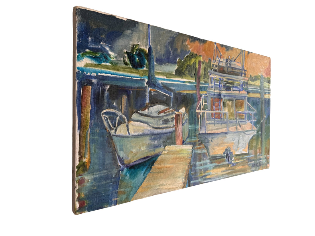 Blues boat dock Rectangular Canvas Painting Signed Martens K Sander