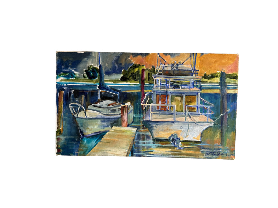 Blues boat dock Rectangular Canvas Painting Signed Martens K Sander