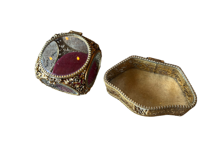 French Beveled Glass Jewelry Box with Velvet Lining 