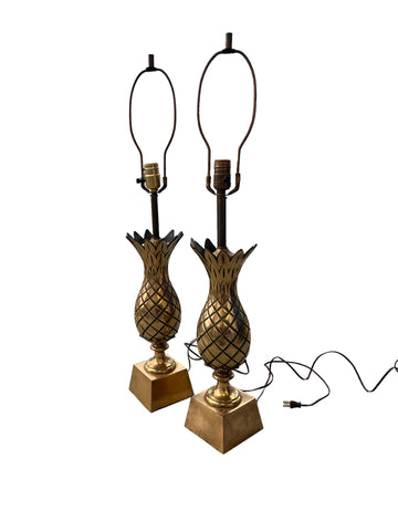 Set of 2 Tall Brass Pineapple Lamps Hollywood Regency