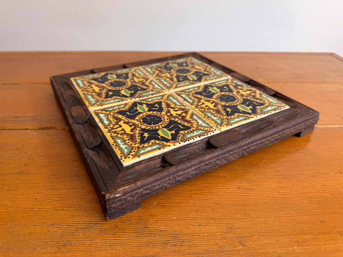Carved wood and painted tile tray