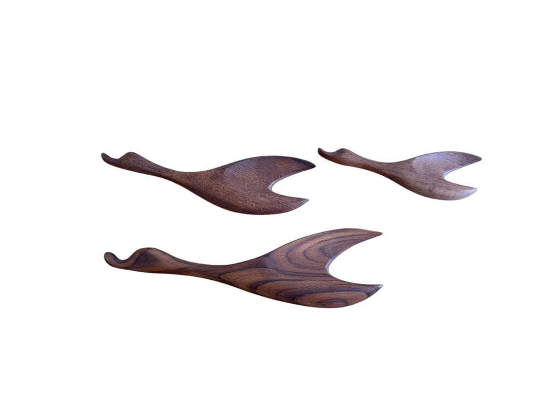 Mid-Century Set of Three Teak Wood Minimalist Bird Hanging Wall Art