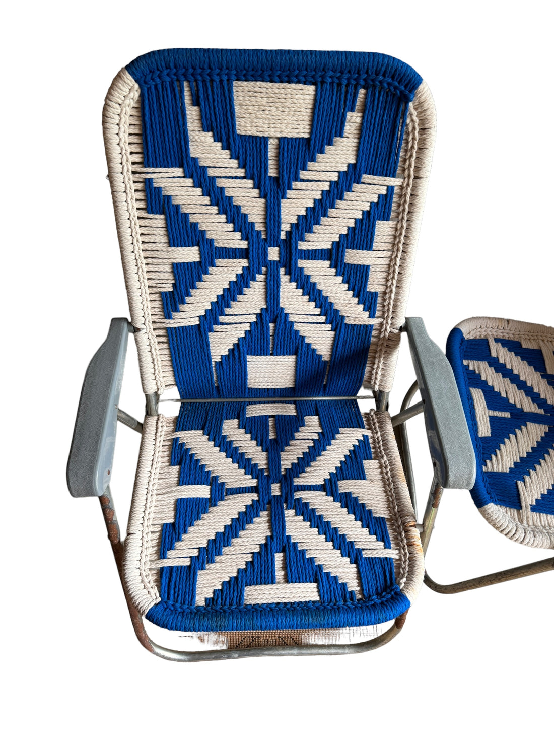 Retro Macrame Blue and White Folding Lawn Camp Chairs (Sold Separately)