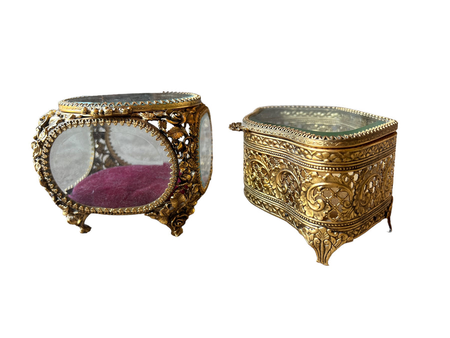 French Beveled Glass Jewelry Box with Velvet Lining 