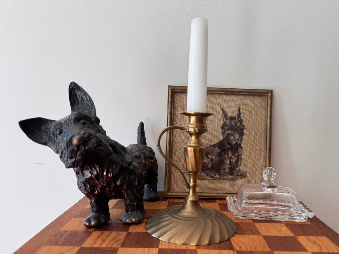 Scottish Terrier Needlepoint Statue Brass Candlestick Butter Dish (Sold Separately)