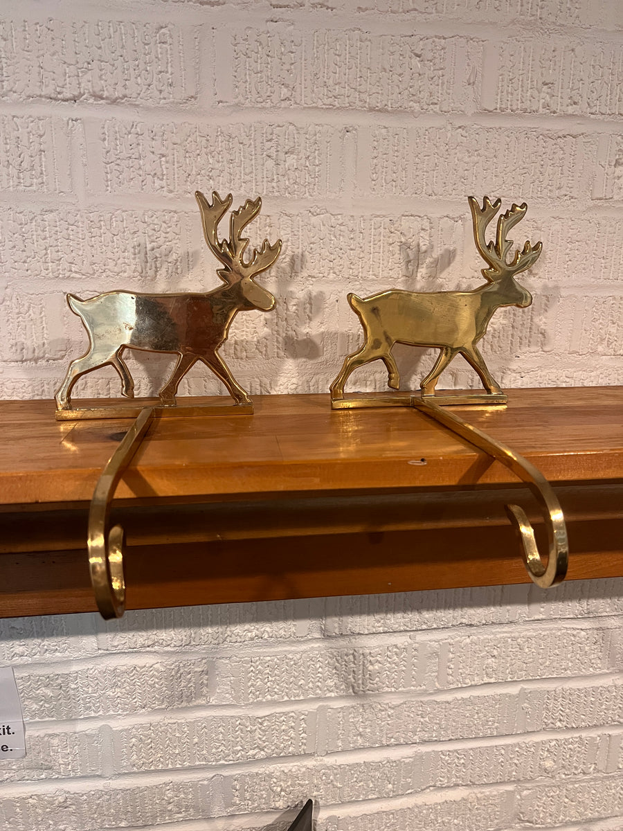 Brass Reindeer Stocking Holder Hooks Set of 2