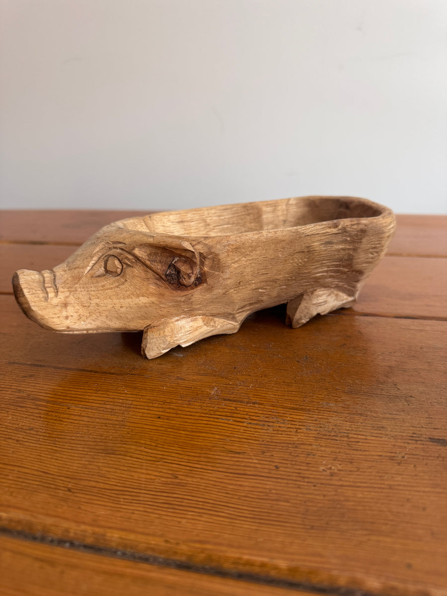 Carved Wood Pig Bowl