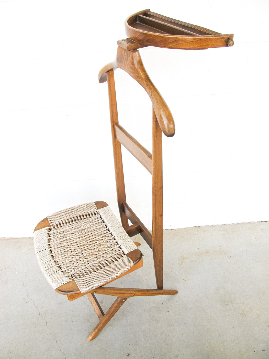 Hans Wegner Style Mid-Centry Valet Chair with Woven Storage Bench Seat