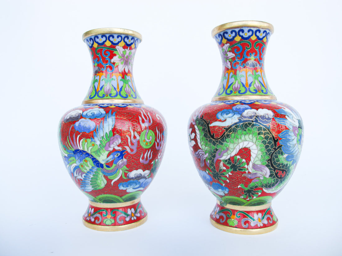 Enameled Antique AsianCloisonne Vases with Dragons (Sold Separately)