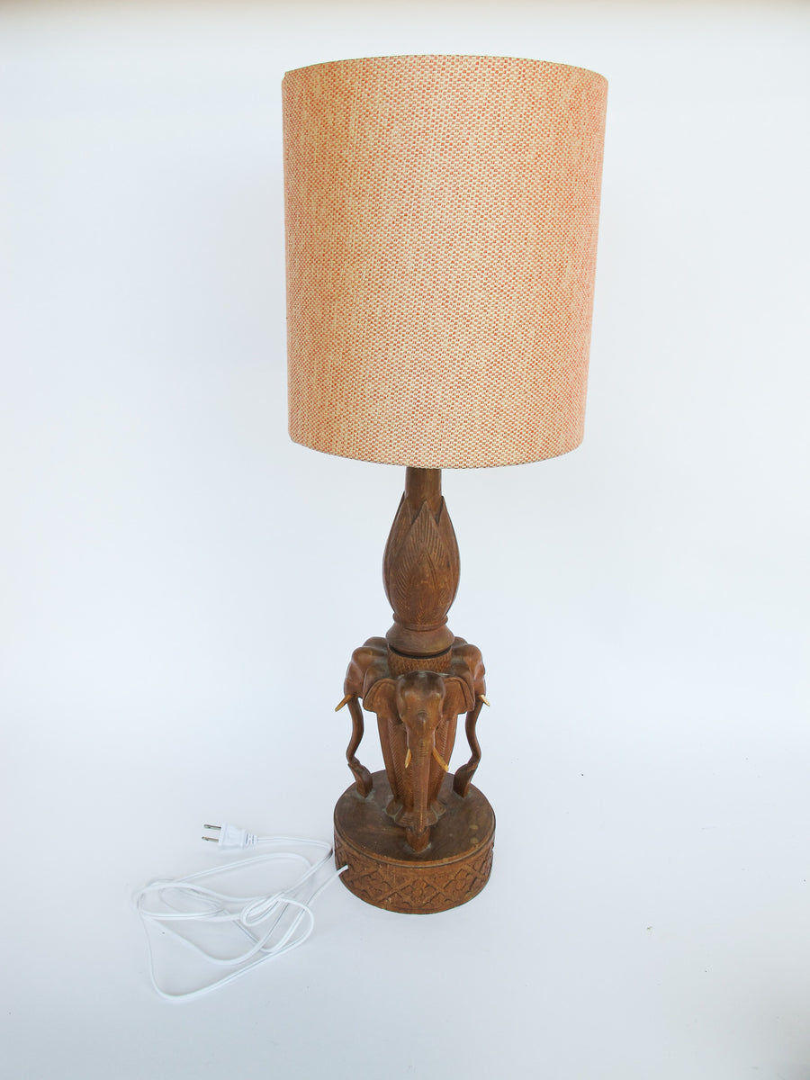 Wood Carved Elephant Base Table Lamp with Shade