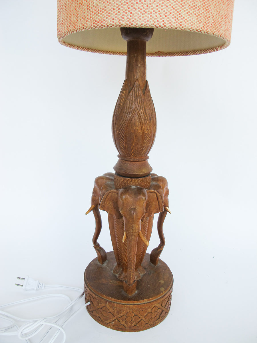 Wood Carved Elephant Base Table Lamp with Shade