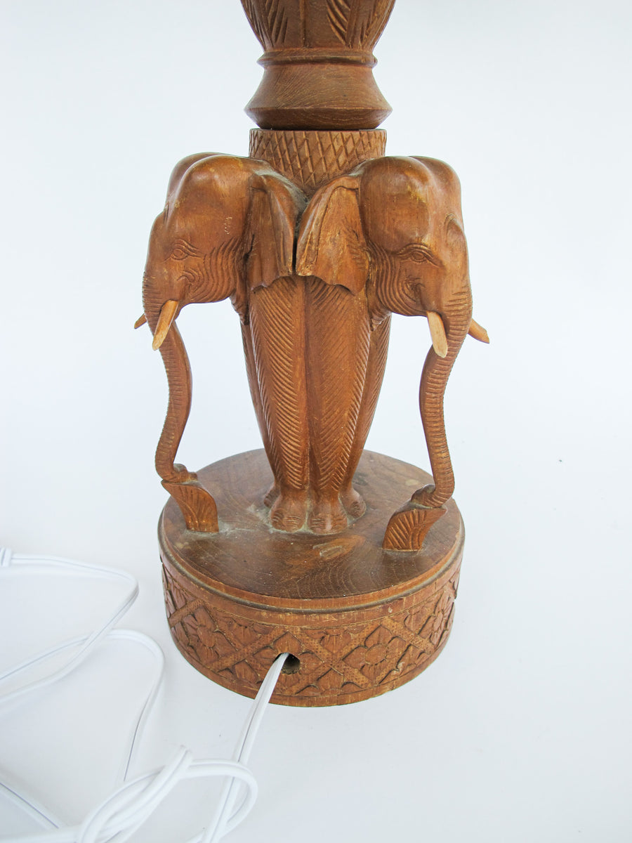 Wood Carved Elephant Base Table Lamp with Shade