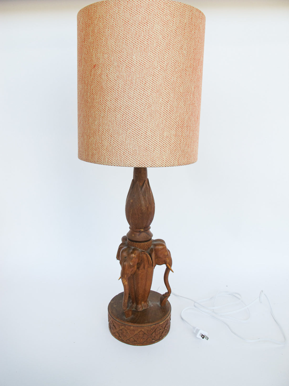 Wood Carved Elephant Base Table Lamp with Shade