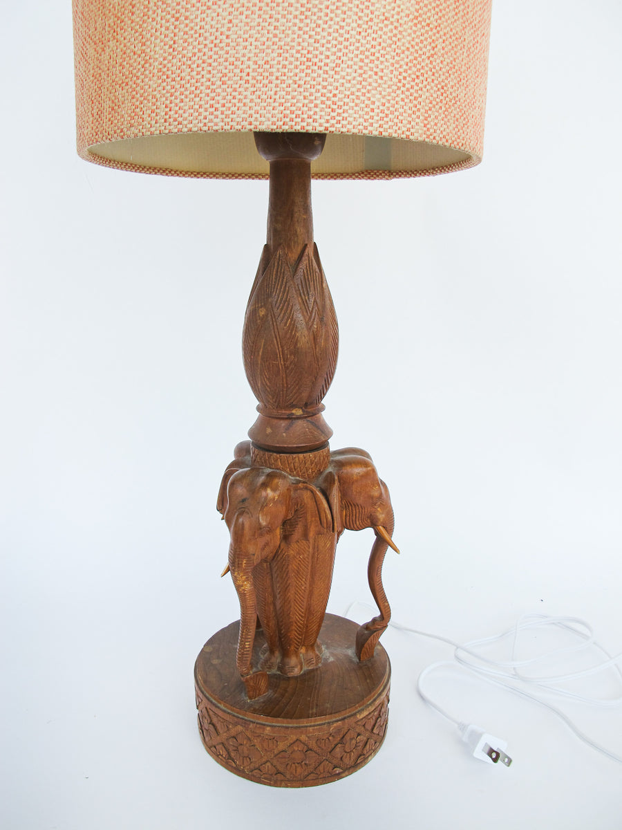 Wood Carved Elephant Base Table Lamp with Shade